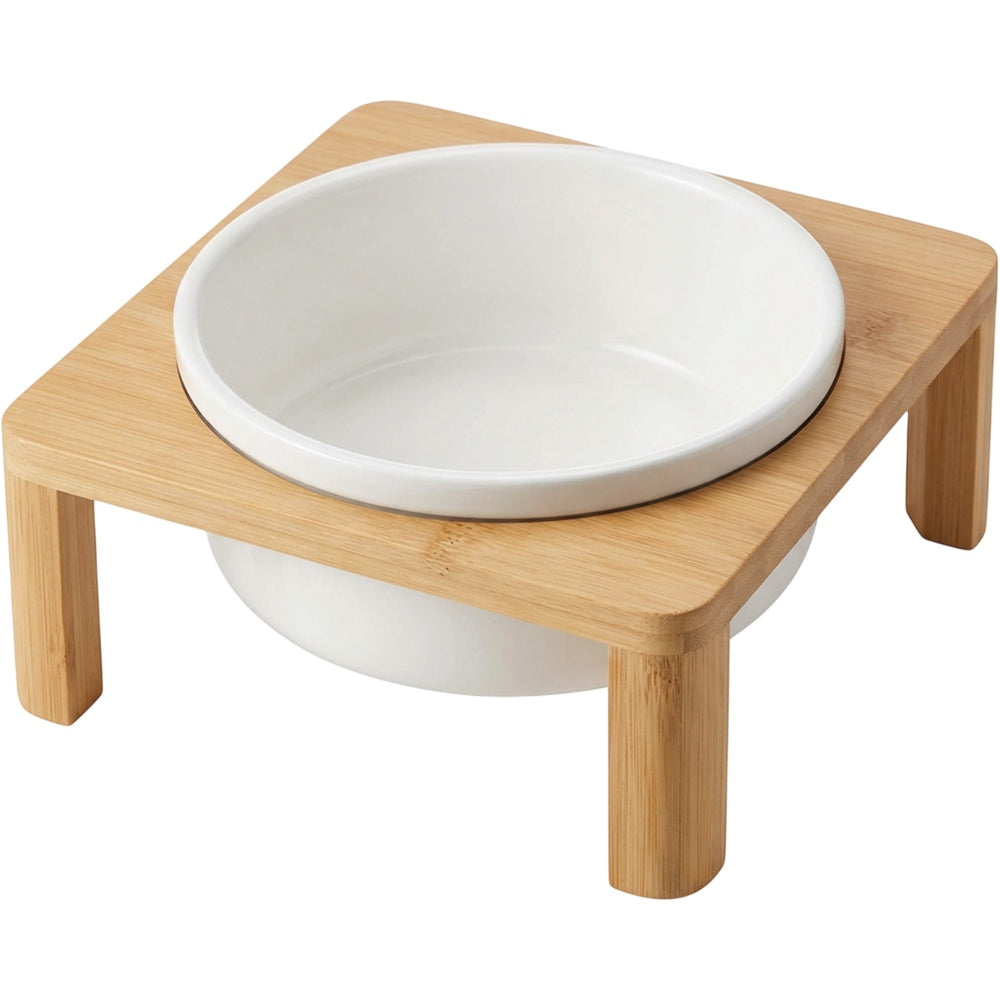 Honev Ceramic Raised Dog Bowl 1.1 L with Bamboo Stand White - Product view